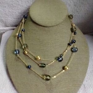 Goldtone blue green bead chain necklace 3 row